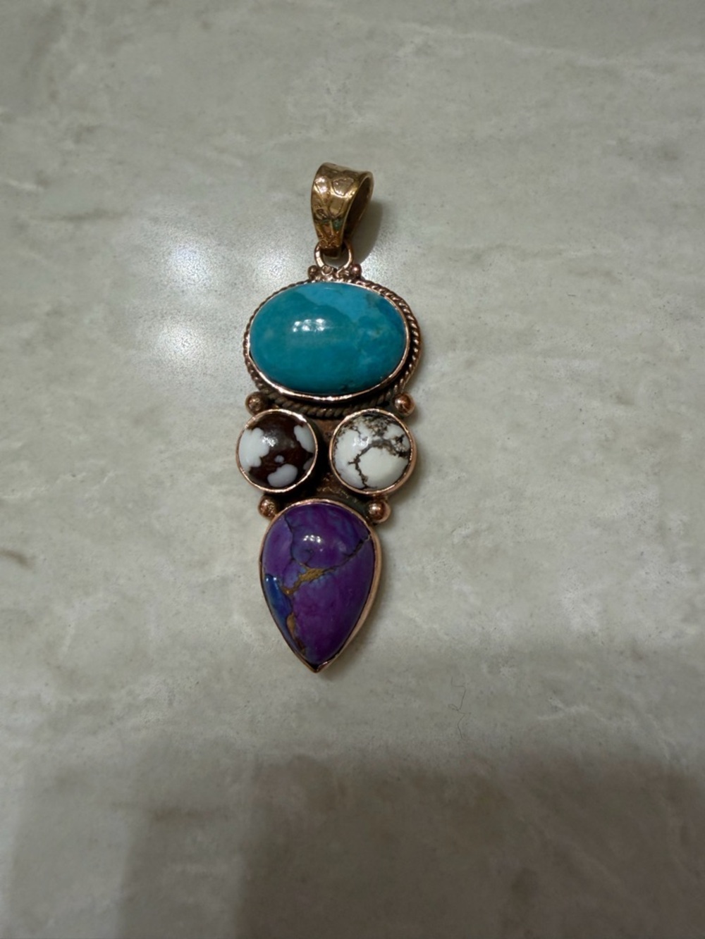 Turquoise, White Buffalo & Purple Dahlia Stone Drop Pendant - Women Jewelry